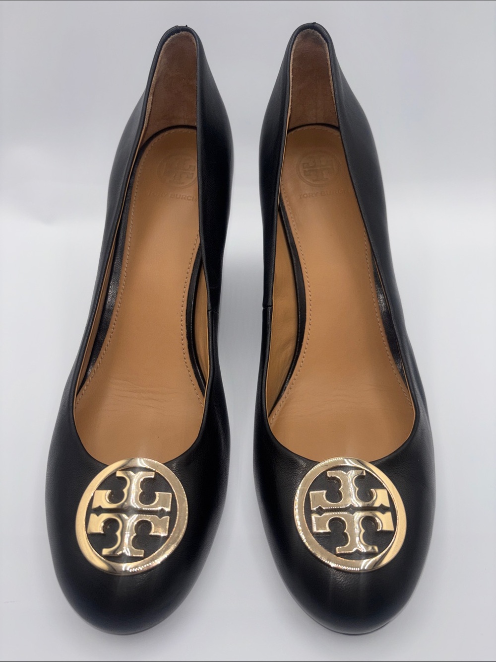 Tory Burch Black Leather Ballet Flats with Gold Logo Medallion